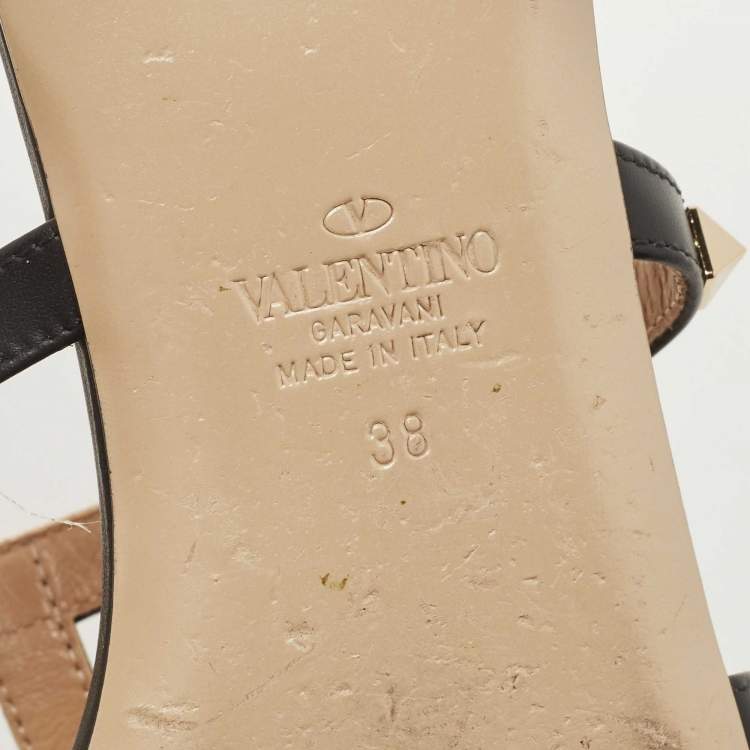 Pre Owned Valentino Black Leather Rockstud Flat Slides Size 38
