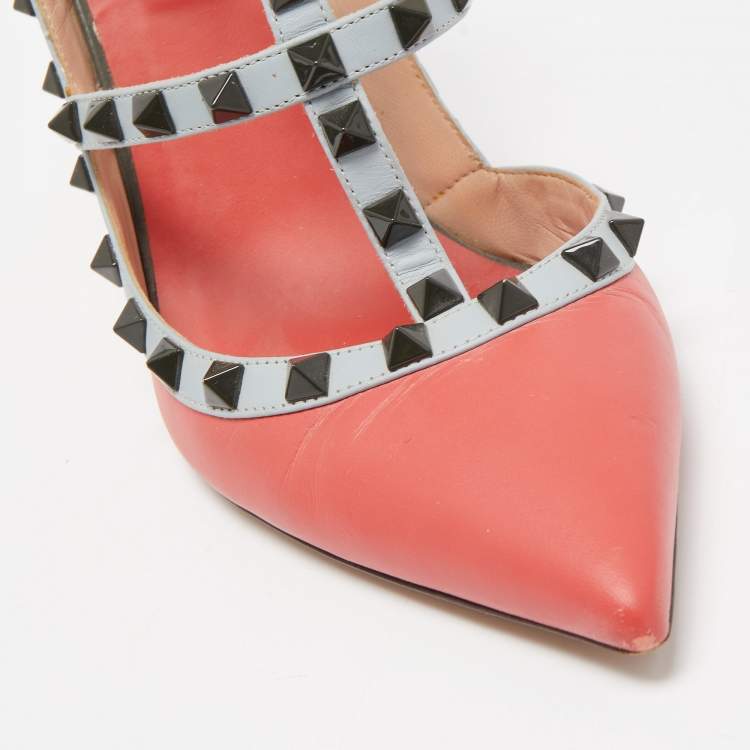 Pre Owned Valentino Multicolor Leather Rockstud Ankle Strap Pumps Size 39.5