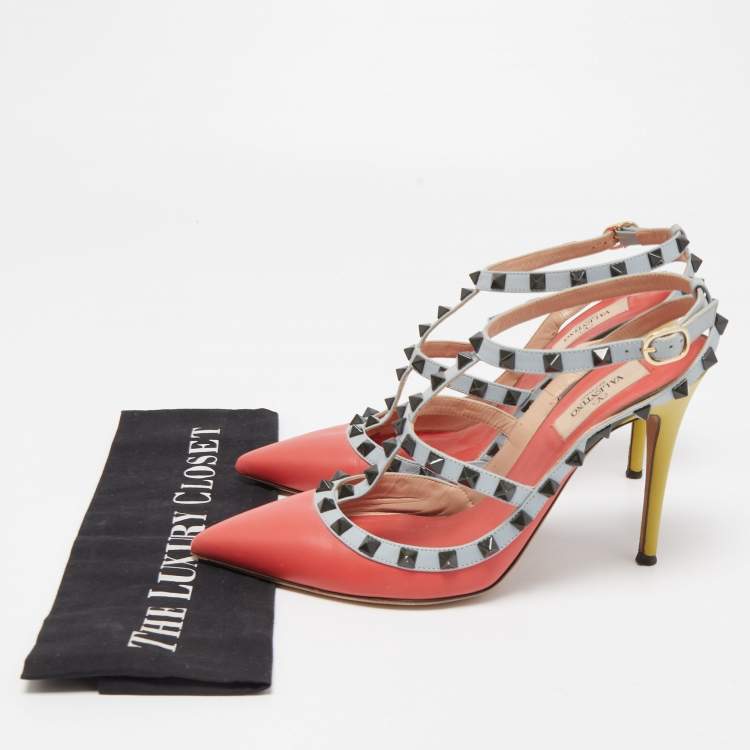 Pre Owned Valentino Multicolor Leather Rockstud Ankle Strap Pumps Size 39.5