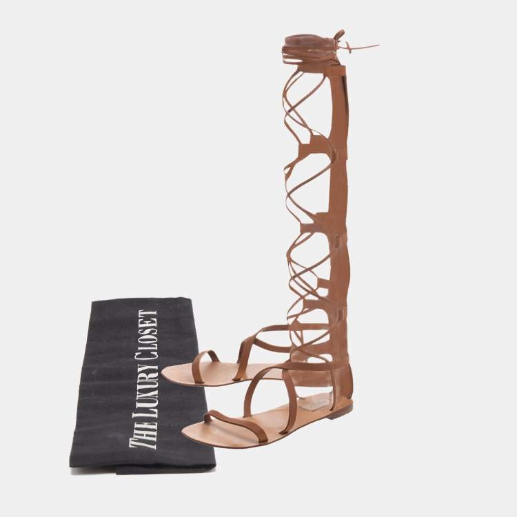 Pre Owned Valentino Brown Leather Gladiator Flat Sandals Size 38