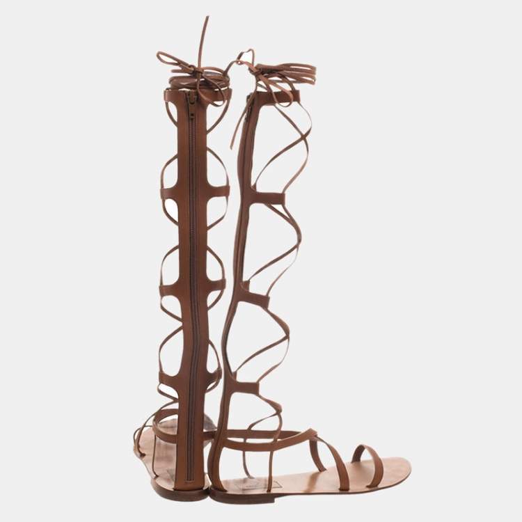 Pre Owned Valentino Brown Leather Gladiator Flat Sandals Size 38
