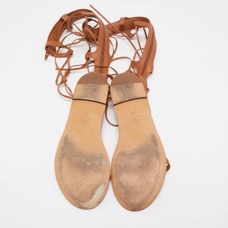 Pre Owned Valentino Brown Leather Gladiator Flat Sandals Size 38