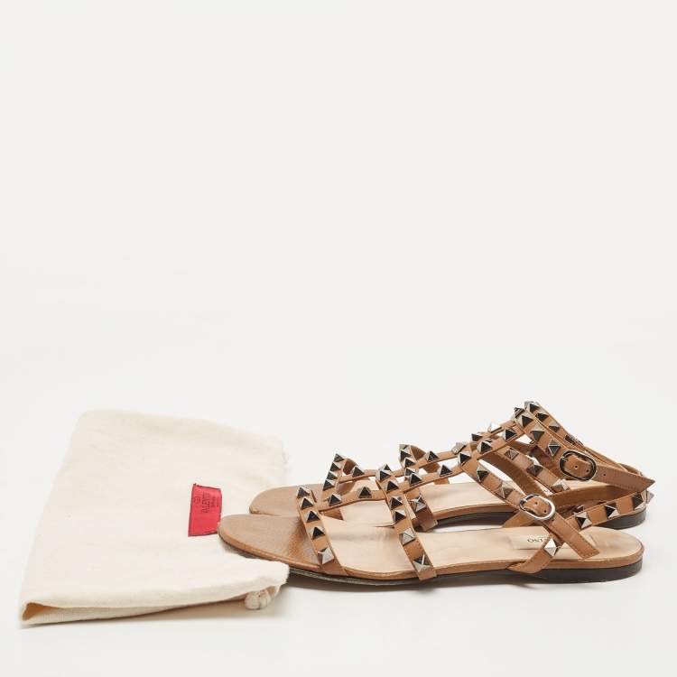 Pre Owned Valentino Brown Leather Rockstud Ankle Strap Flat Sandals Size 38
