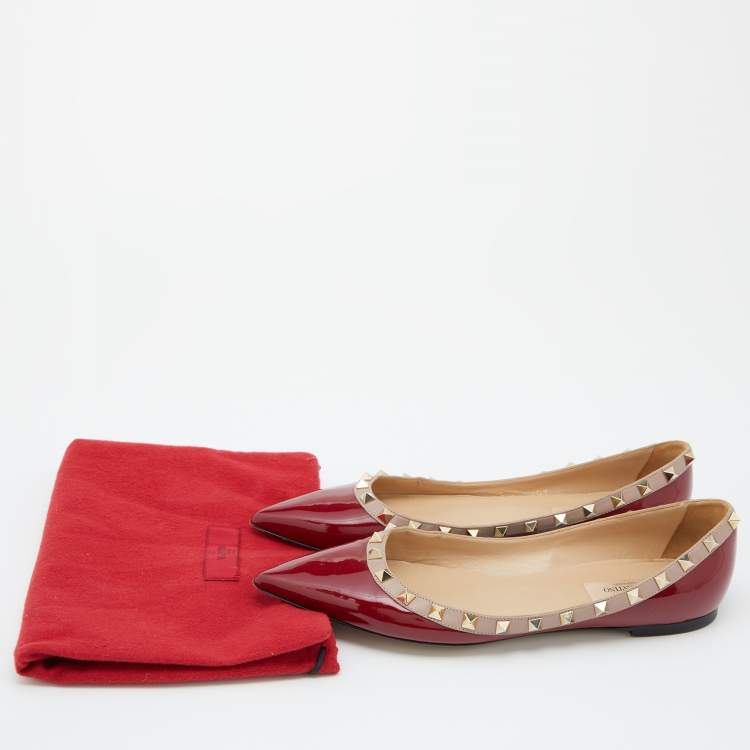 Pre Owned Valentino Red/Pink Patent Leather Rockstud Pointed Toe Ballet Flats Size 39.5