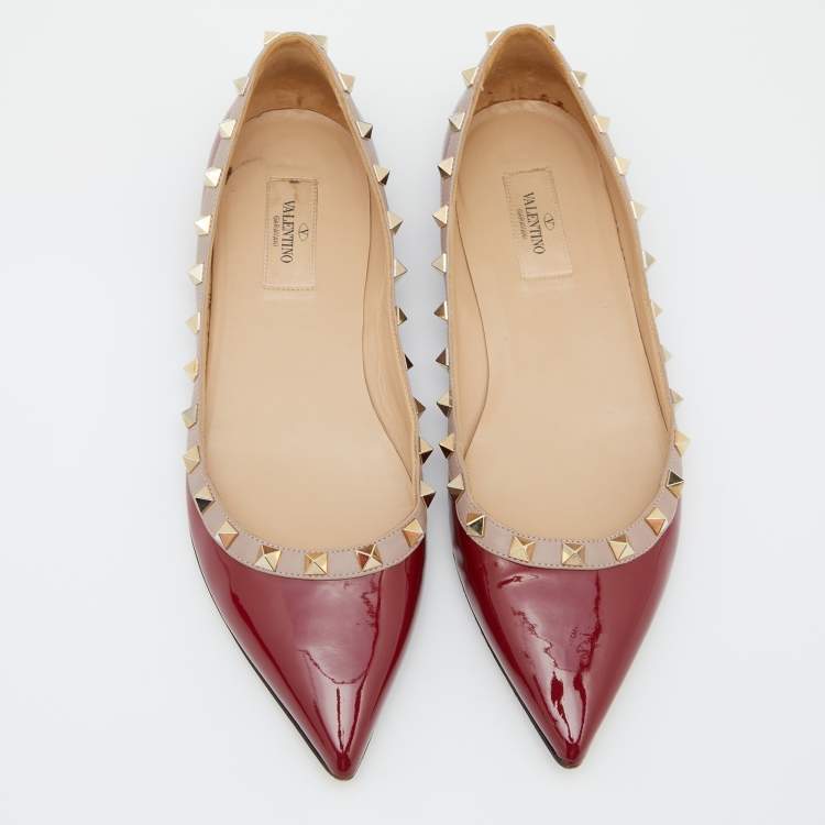 Pre Owned Valentino Red/Pink Patent Leather Rockstud Pointed Toe Ballet Flats Size 39.5