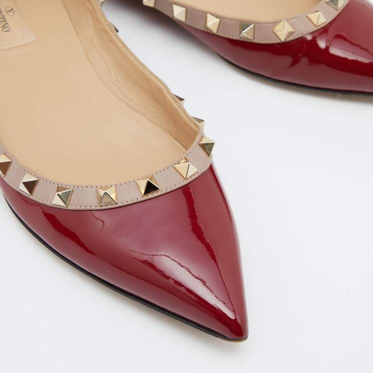 Pre Owned Valentino Red/Pink Patent Leather Rockstud Pointed Toe Ballet Flats Size 39.5