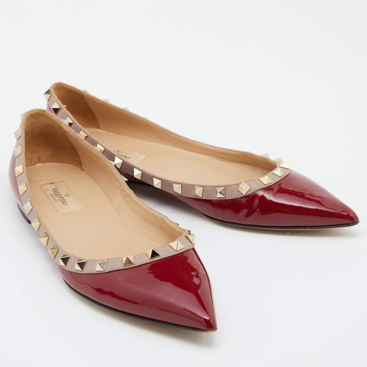 Pre Owned Valentino Red/Pink Patent Leather Rockstud Pointed Toe Ballet Flats Size 39.5
