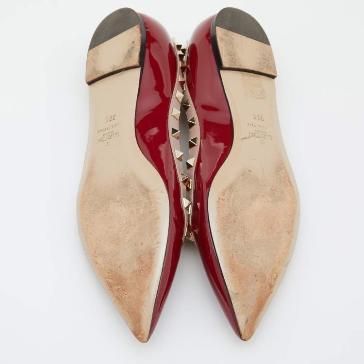 Pre Owned Valentino Red/Pink Patent Leather Rockstud Pointed Toe Ballet Flats Size 39.5