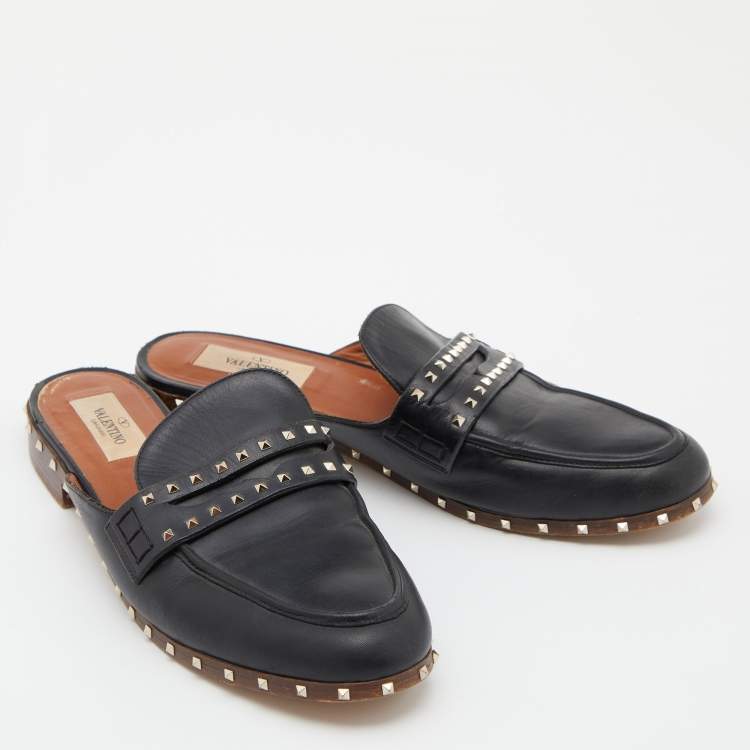 Pre Owned Valentino Black Leather Soul Rockstud Flat Mules Size 38