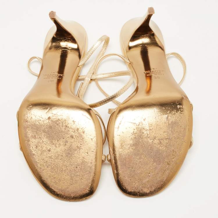 Pre Owned Valentino Gold Leather Ankle Strap Sandals Size 38