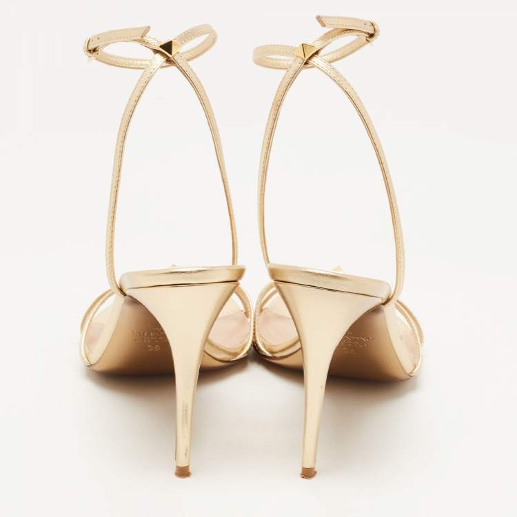 Pre Owned Valentino Gold Leather Ankle Strap Sandals Size 38