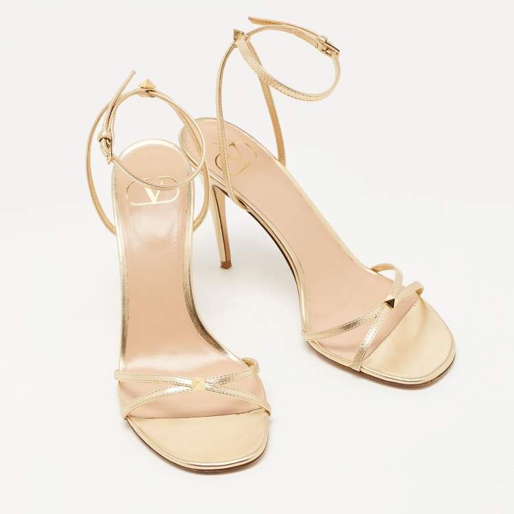 Pre Owned Valentino Gold Leather Ankle Strap Sandals Size 38