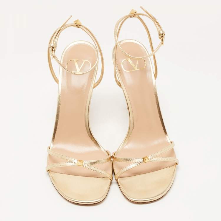Pre Owned Valentino Gold Leather Ankle Strap Sandals Size 38