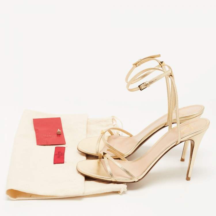 Pre Owned Valentino Gold Leather Ankle Strap Sandals Size 38