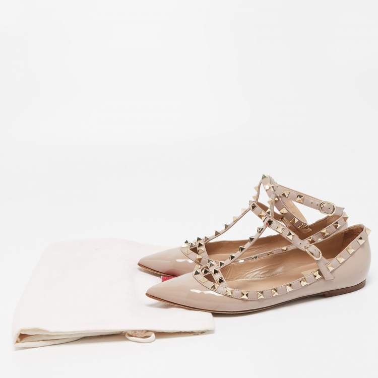 Pre Owned Valentino Dusty Pink Patent Leather Rockstud Ankle Strap Ballet Flats Size 38