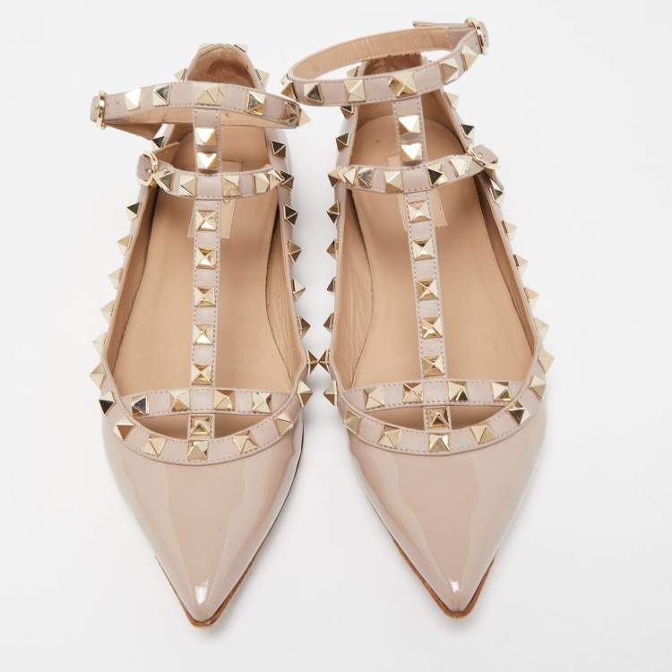 Pre Owned Valentino Dusty Pink Patent Leather Rockstud Ankle Strap Ballet Flats Size 38