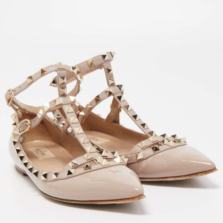 Pre Owned Valentino Dusty Pink Patent Leather Rockstud Ankle Strap Ballet Flats Size 38