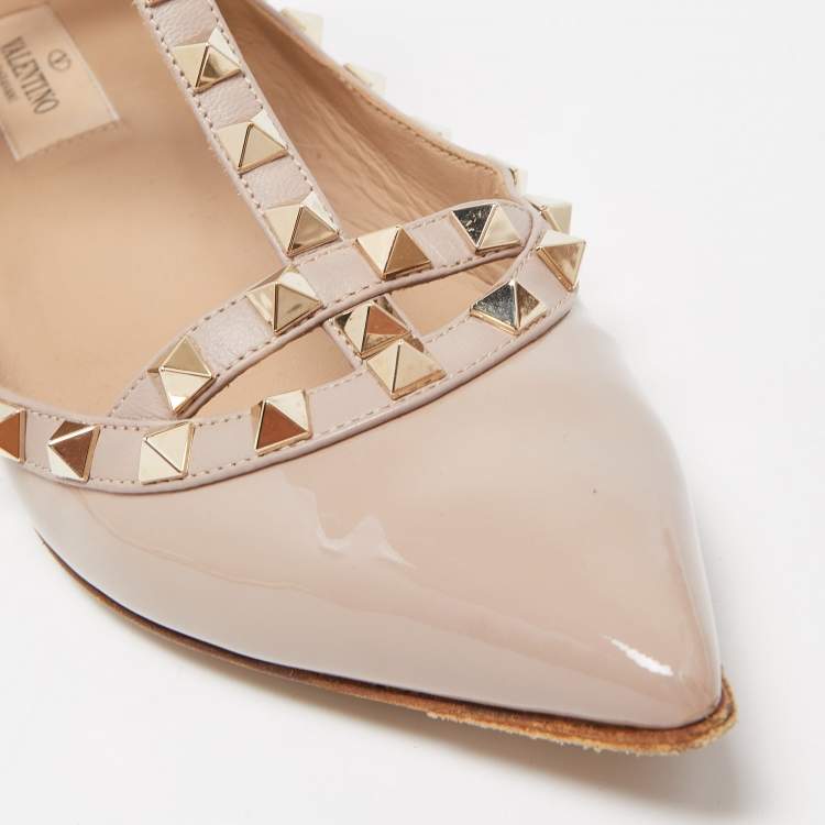 Pre Owned Valentino Dusty Pink Patent Leather Rockstud Ankle Strap Ballet Flats Size 38