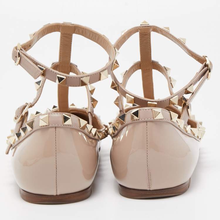 Pre Owned Valentino Dusty Pink Patent Leather Rockstud Ankle Strap Ballet Flats Size 38