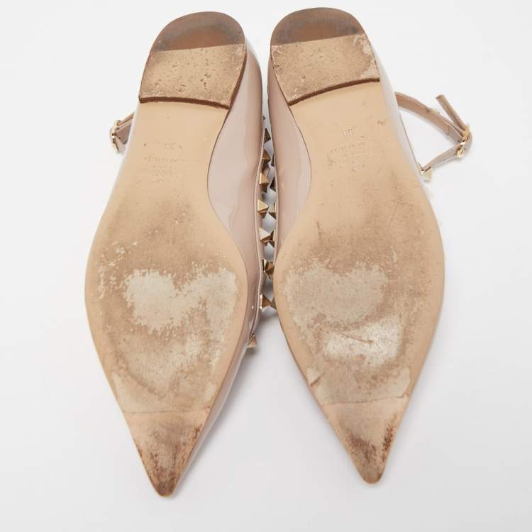 Pre Owned Valentino Dusty Pink Patent Leather Rockstud Ankle Strap Ballet Flats Size 38