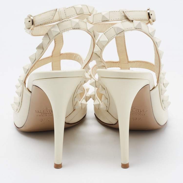 Pre Owned Valentino White Leather Rockstud Strappy Pointed Toe Pumps Size 37.5