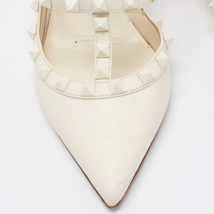 Pre Owned Valentino White Leather Rockstud Strappy Pointed Toe Pumps Size 37.5