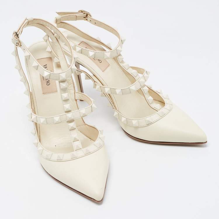 Pre Owned Valentino White Leather Rockstud Strappy Pointed Toe Pumps Size 37.5
