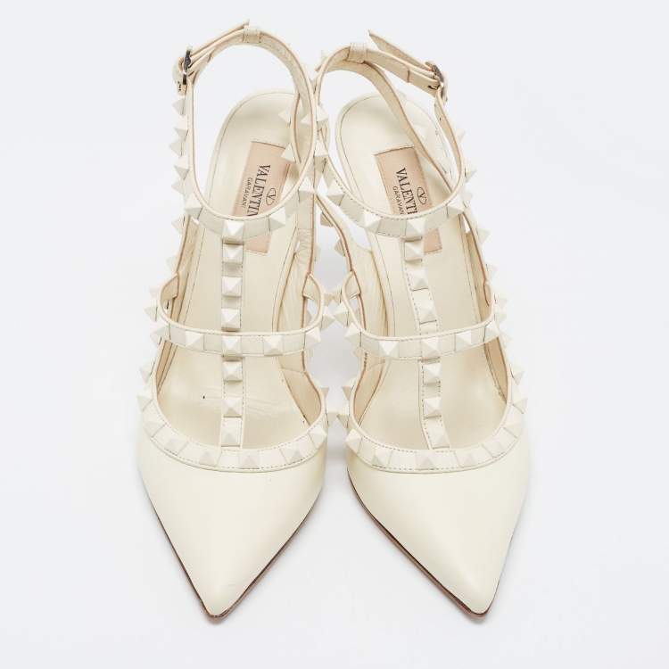 Pre Owned Valentino White Leather Rockstud Strappy Pointed Toe Pumps Size 37.5