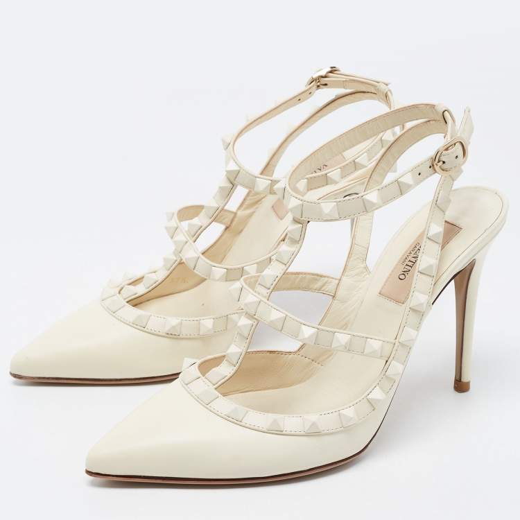 Pre Owned Valentino White Leather Rockstud Strappy Pointed Toe Pumps Size 37.5