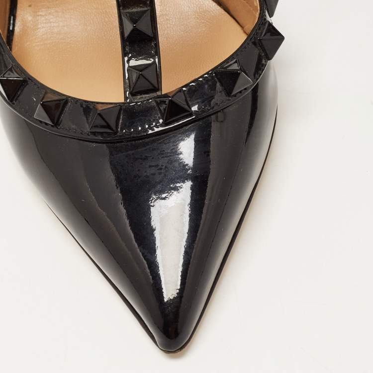 Pre Owned Valentino Black Patent Leather Rockstud Strappy Pointed Toe Pumps Size 35