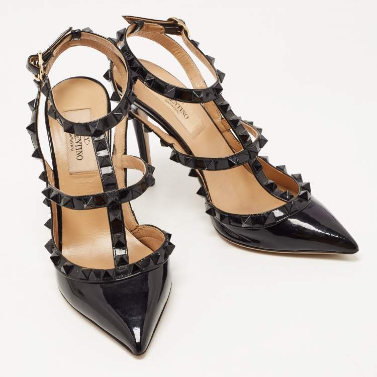 Pre Owned Valentino Black Patent Leather Rockstud Strappy Pointed Toe Pumps Size 35