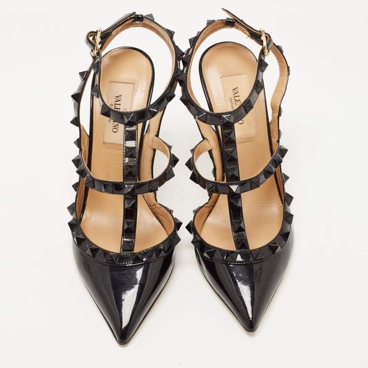 Pre Owned Valentino Black Patent Leather Rockstud Strappy Pointed Toe Pumps Size 35
