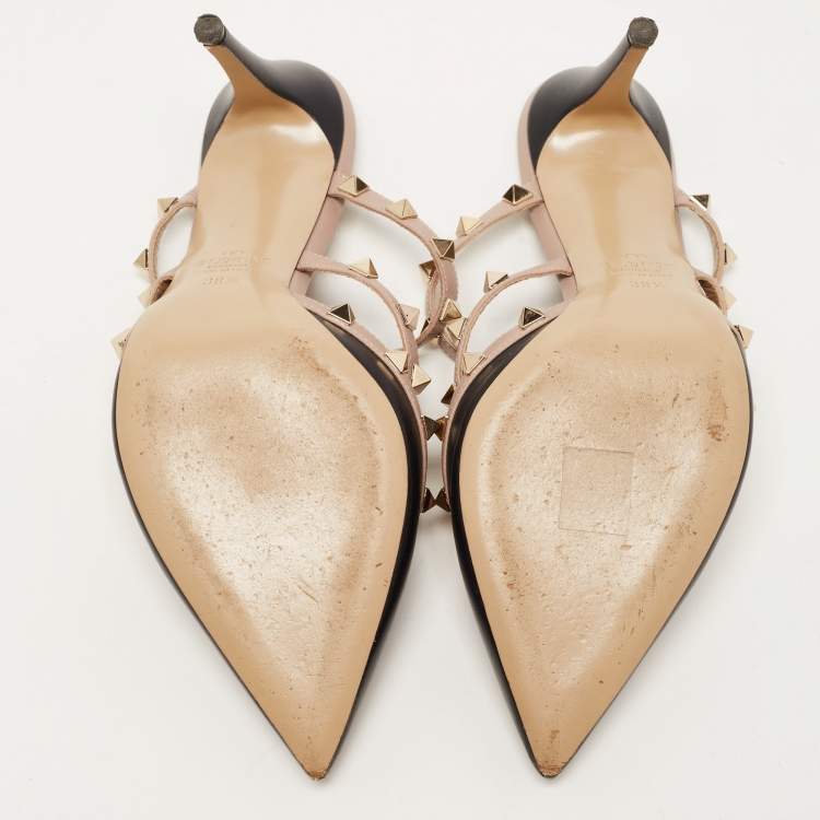 Pre Owned Valentino Black Leather Rockstud Strappy Pointed Toe Mules Size 38.5
