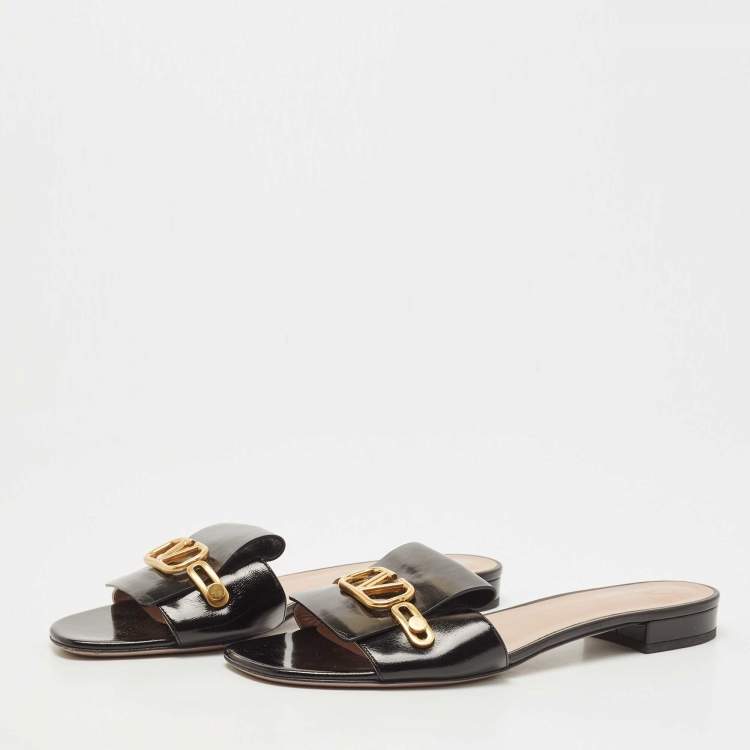 Pre Owned Valentino Black Patent Leather V Club Logo Flat Slides Size 41