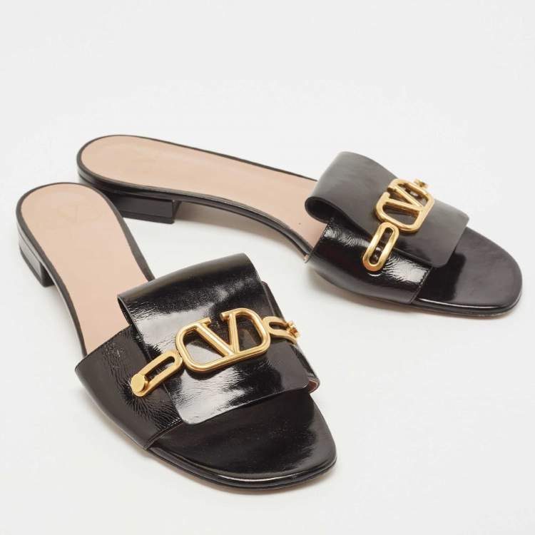 Pre Owned Valentino Black Patent Leather V Club Logo Flat Slides Size 41