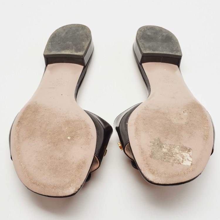 Pre Owned Valentino Black Patent Leather V Club Logo Flat Slides Size 41