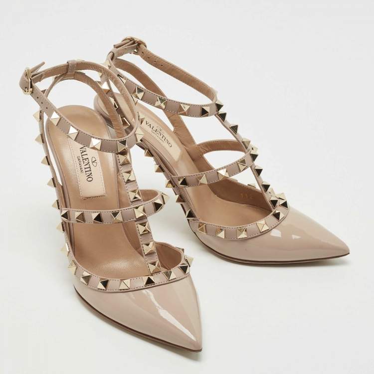 Pre Owned Valentino Powder Pink Patent Leather Rockstud Strappy Pointed Toe Pumps Size 35.5