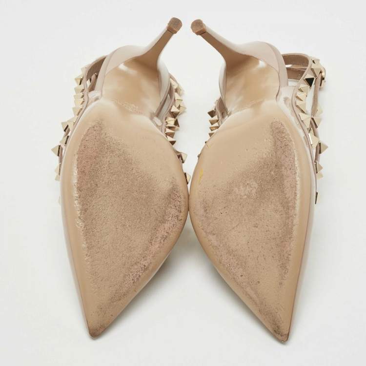 Pre Owned Valentino Powder Pink Patent Leather Rockstud Strappy Pointed Toe Pumps Size 35.5