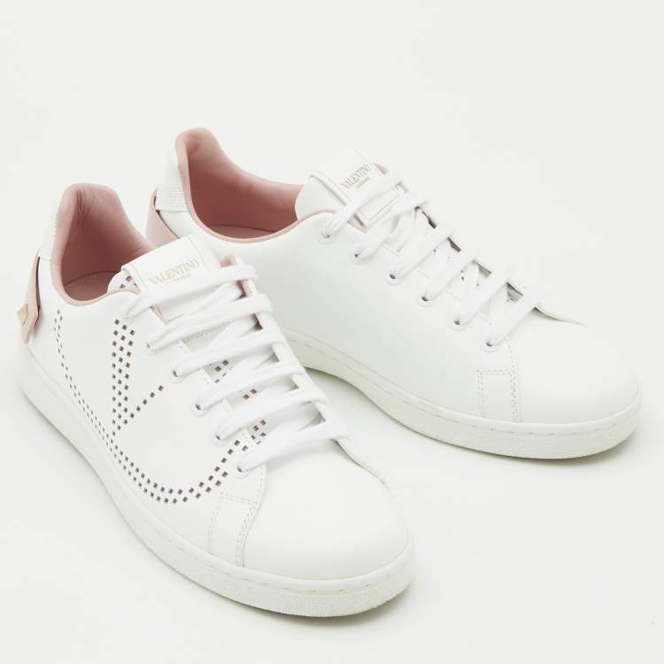Pre Owned Valentino White/Pink Leather Backnet Sneakers Size 38.5