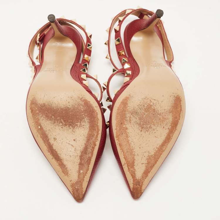 Pre Owned Valentino Red Leather Rockstud Strappy Pointed Toe Pumps Size 38
