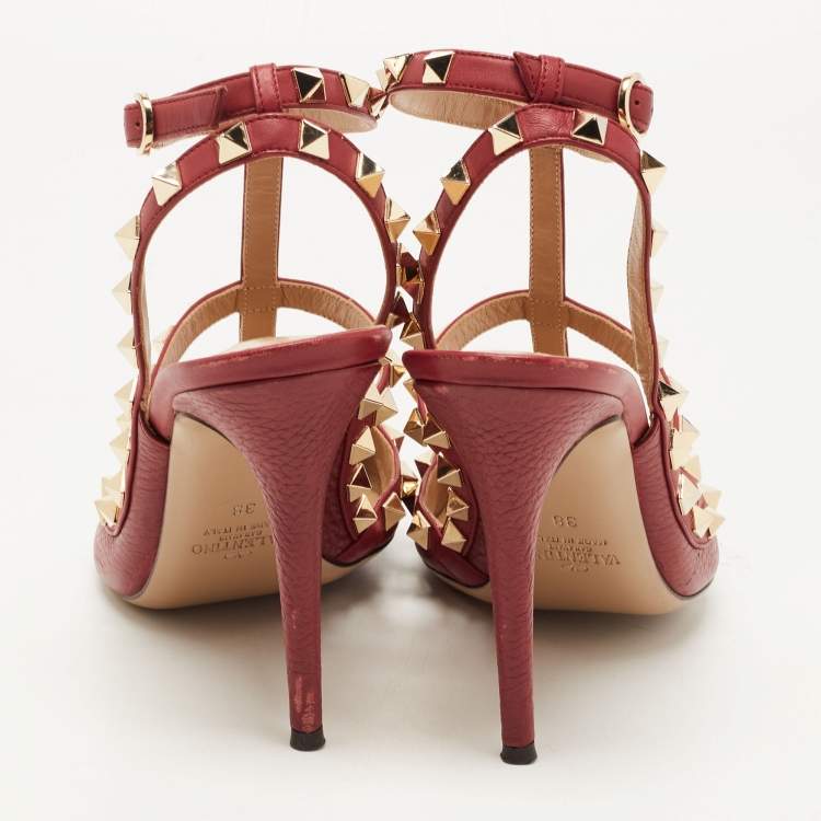Pre Owned Valentino Red Leather Rockstud Strappy Pointed Toe Pumps Size 38