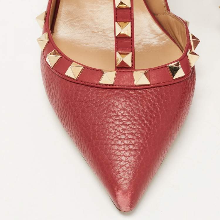 Pre Owned Valentino Red Leather Rockstud Strappy Pointed Toe Pumps Size 38