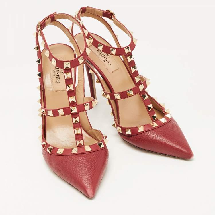Pre Owned Valentino Red Leather Rockstud Strappy Pointed Toe Pumps Size 38