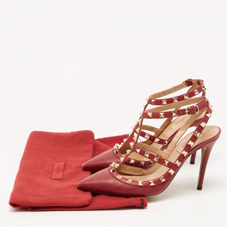 Pre Owned Valentino Red Leather Rockstud Strappy Pointed Toe Pumps Size 38