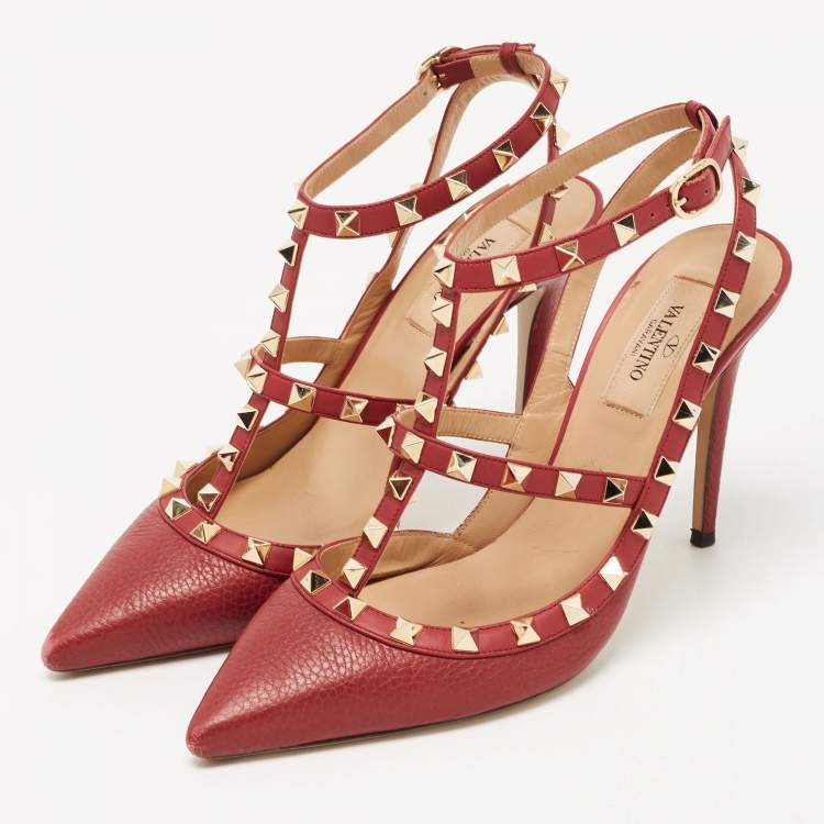 Pre Owned Valentino Red Leather Rockstud Strappy Pointed Toe Pumps Size 38