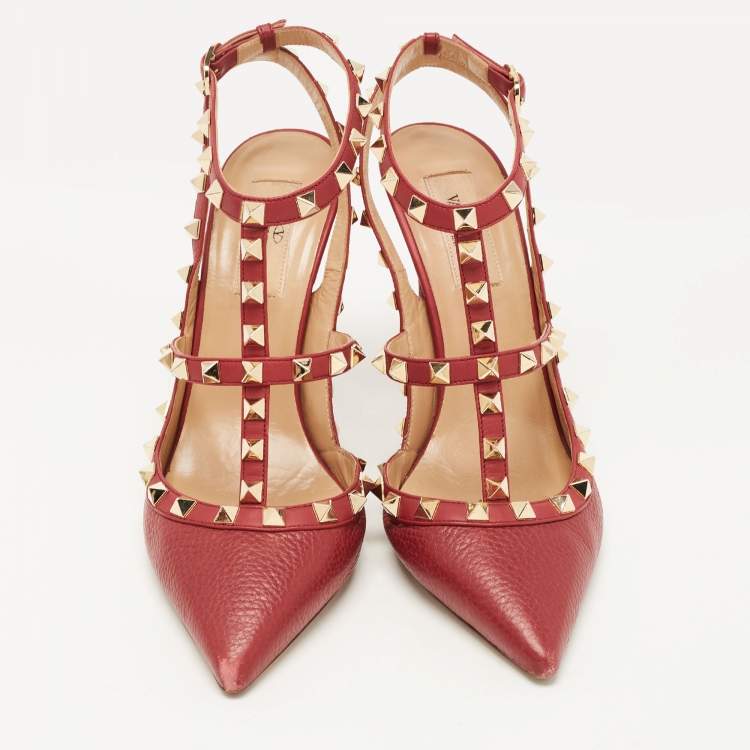 Pre Owned Valentino Red Leather Rockstud Strappy Pointed Toe Pumps Size 38