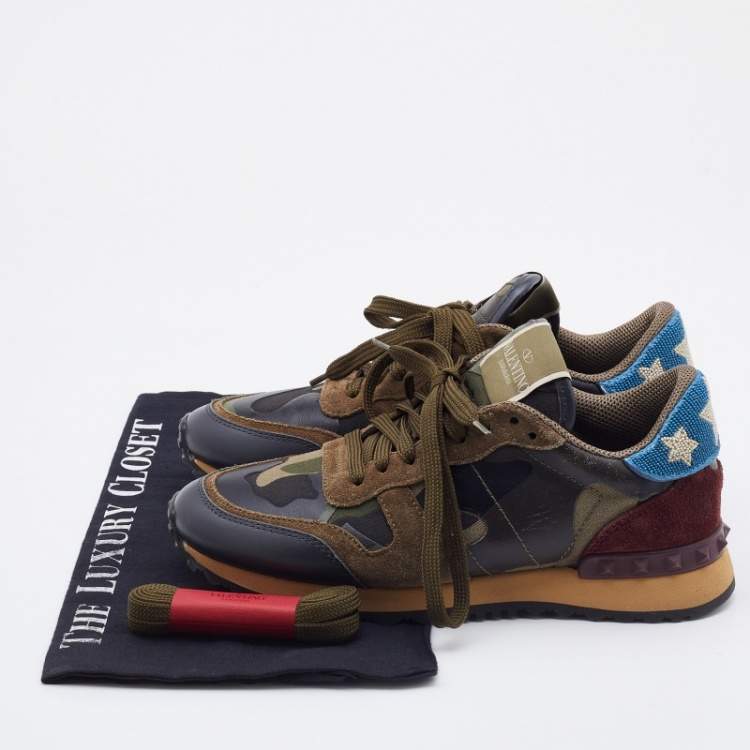 Pre Owned Valentino Multicolor Camo Print Canvas and Leather Rockrunner Sneakers Size 37