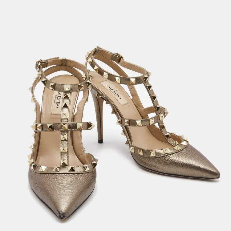 Pre Owned Valentino Metallic Grey Leather Rockstud Ankle Strap Pumps Size 39