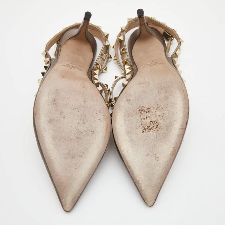 Pre Owned Valentino Metallic Grey Leather Rockstud Ankle Strap Pumps Size 39