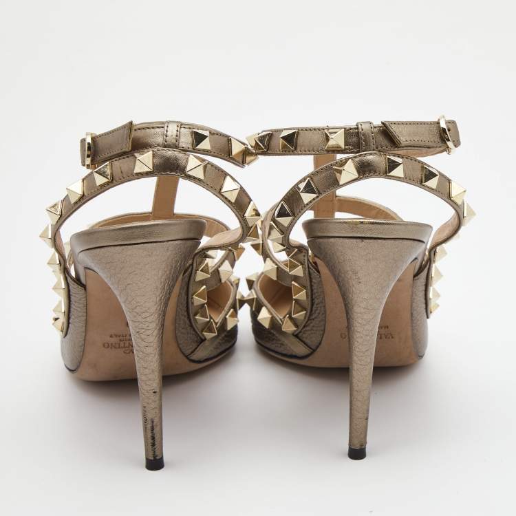 Pre Owned Valentino Metallic Grey Leather Rockstud Ankle Strap Pumps Size 39